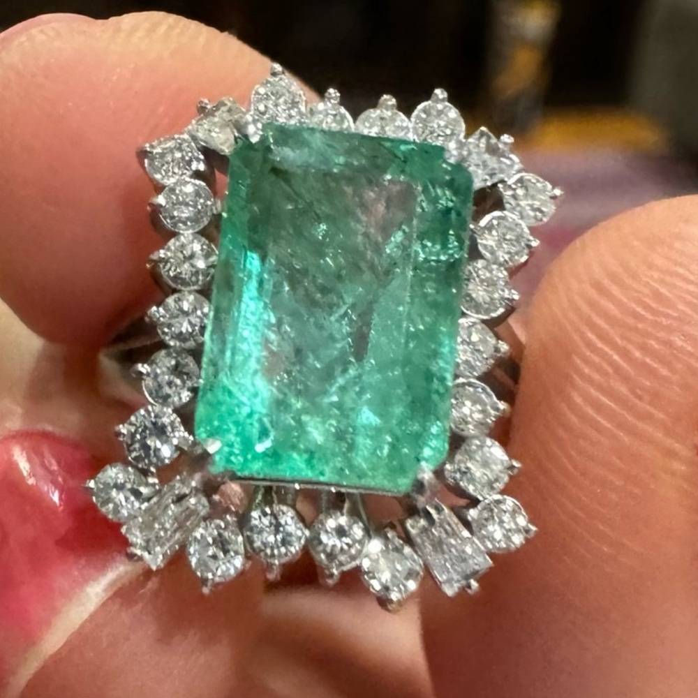 Certified $7000 3.12 CTW Emerald & 0.68 CTW Diamonds Cathedral Ring Pt900
